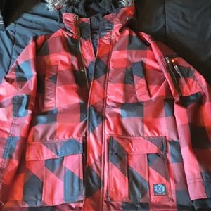 red and black lumber jack jacket with wool hoody